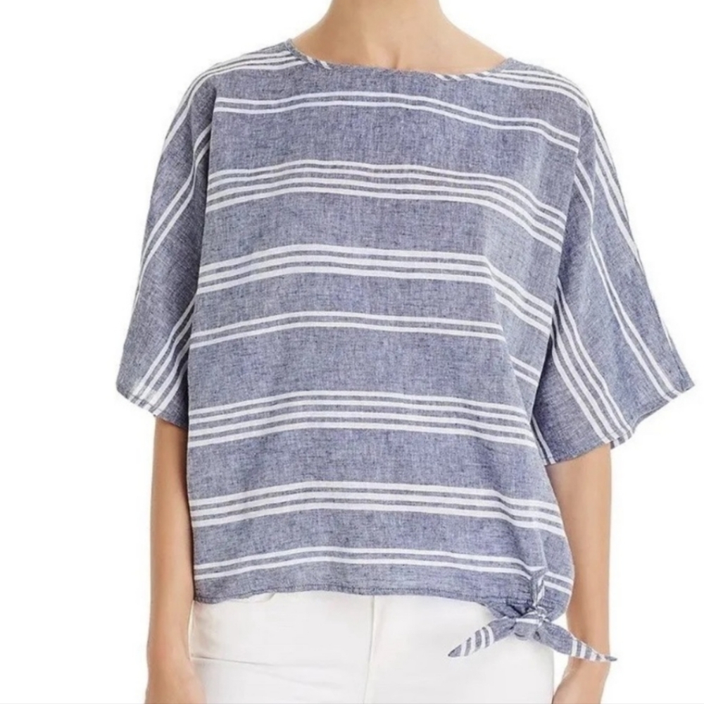 BeachLunchLounge Lucy Striped Linen Tie Top Women's M Gray Retro 90s Lagenlook